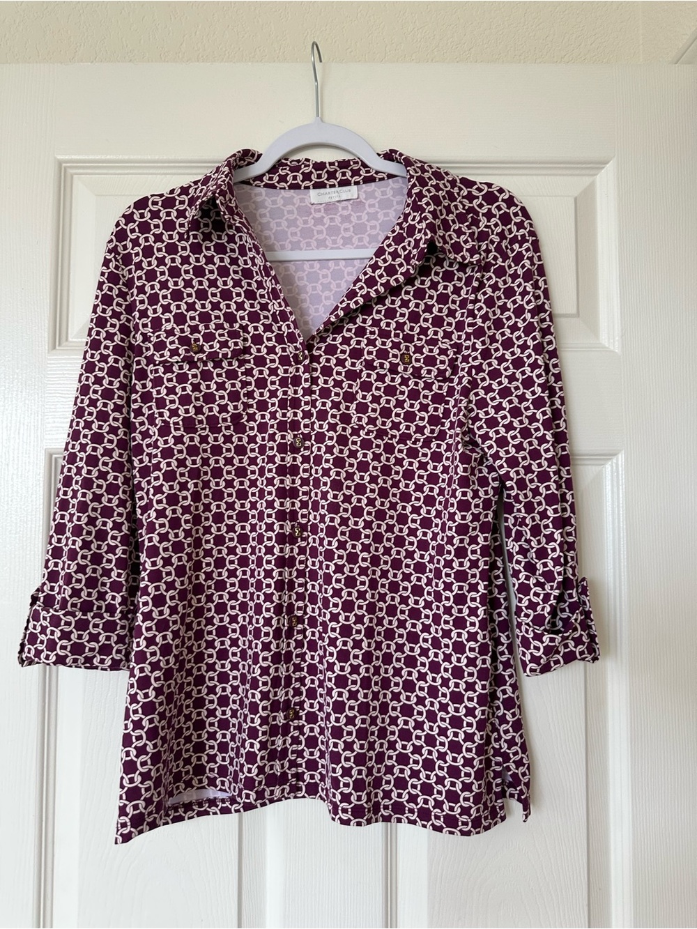 Charter Club Chain Link Print Button Down 3/4 Sleeve Shirt Blouse